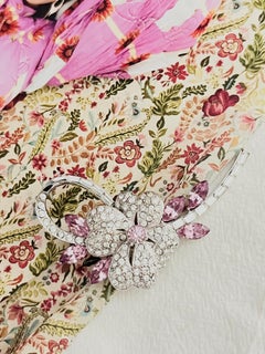 Plum Blossom Flower Pink Leaf Swirl Stem Whole Sparkling Crystals Silver Brooch