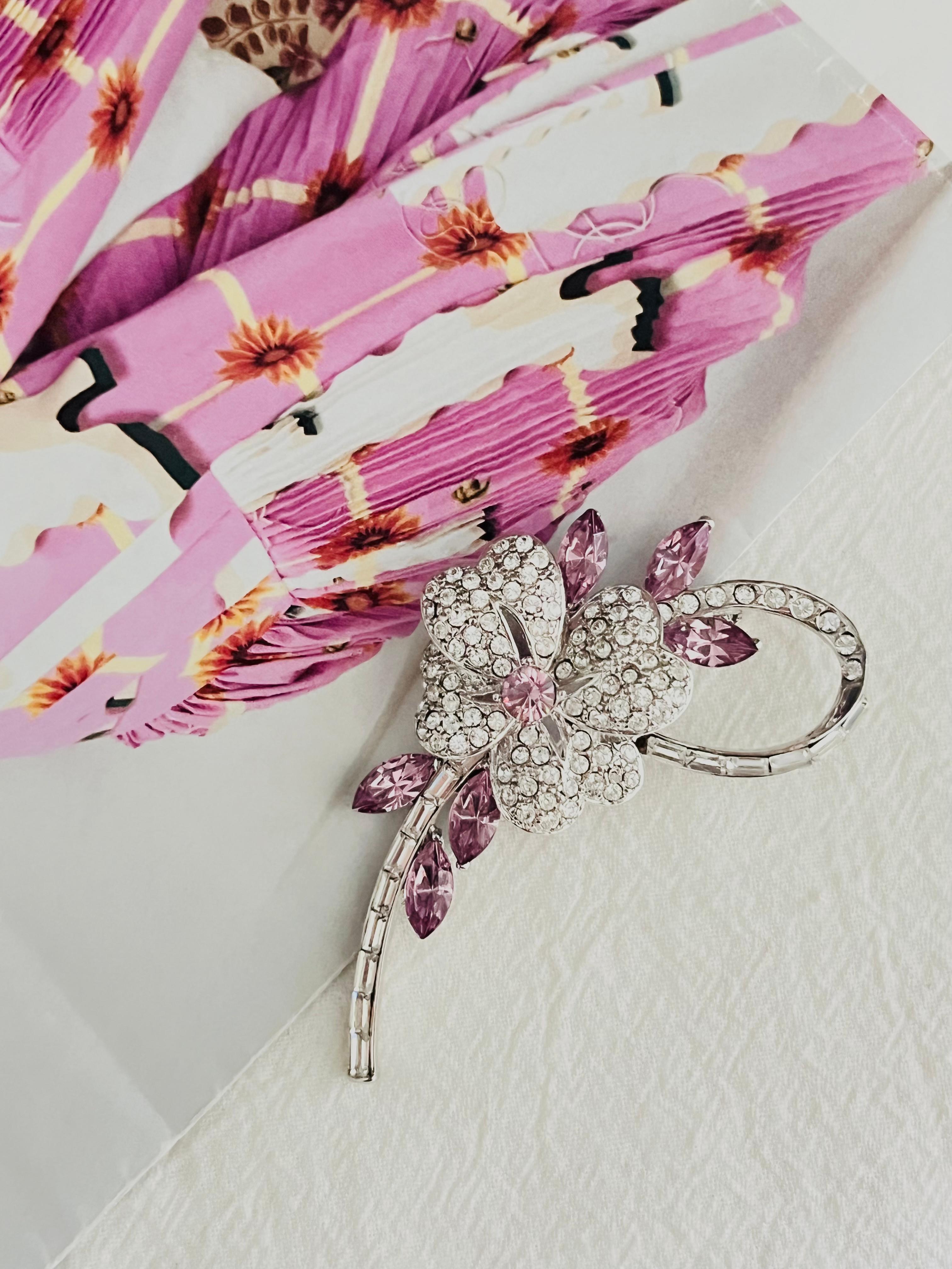 Plum Blossom Flower Pink Leaf Swirl Stem Whole Sparkling Crystals Silver Brooch In Excellent Condition In Wokingham, England