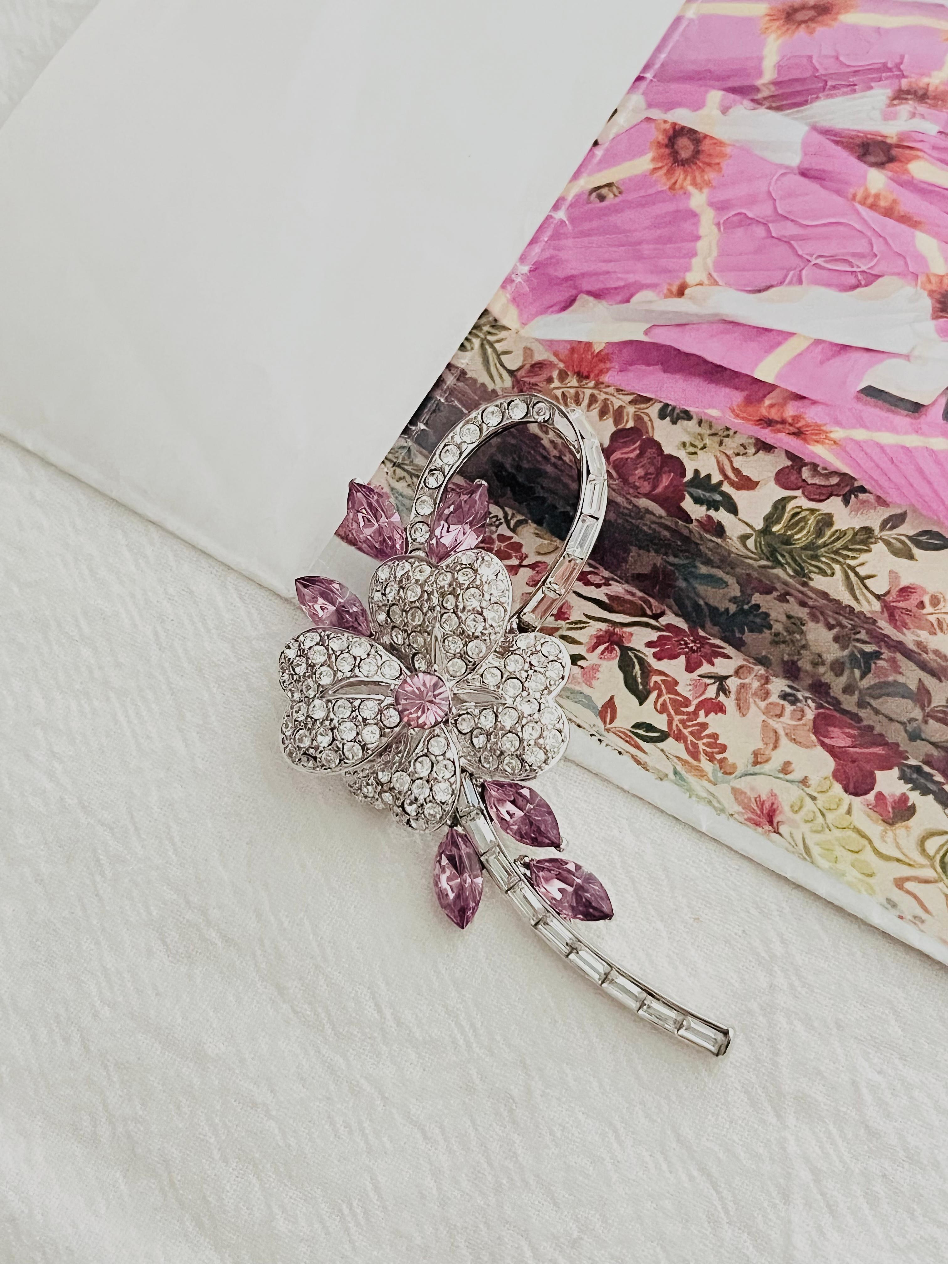 Women's or Men's Plum Blossom Flower Pink Leaf Swirl Stem Whole Sparkling Crystals Silver Brooch