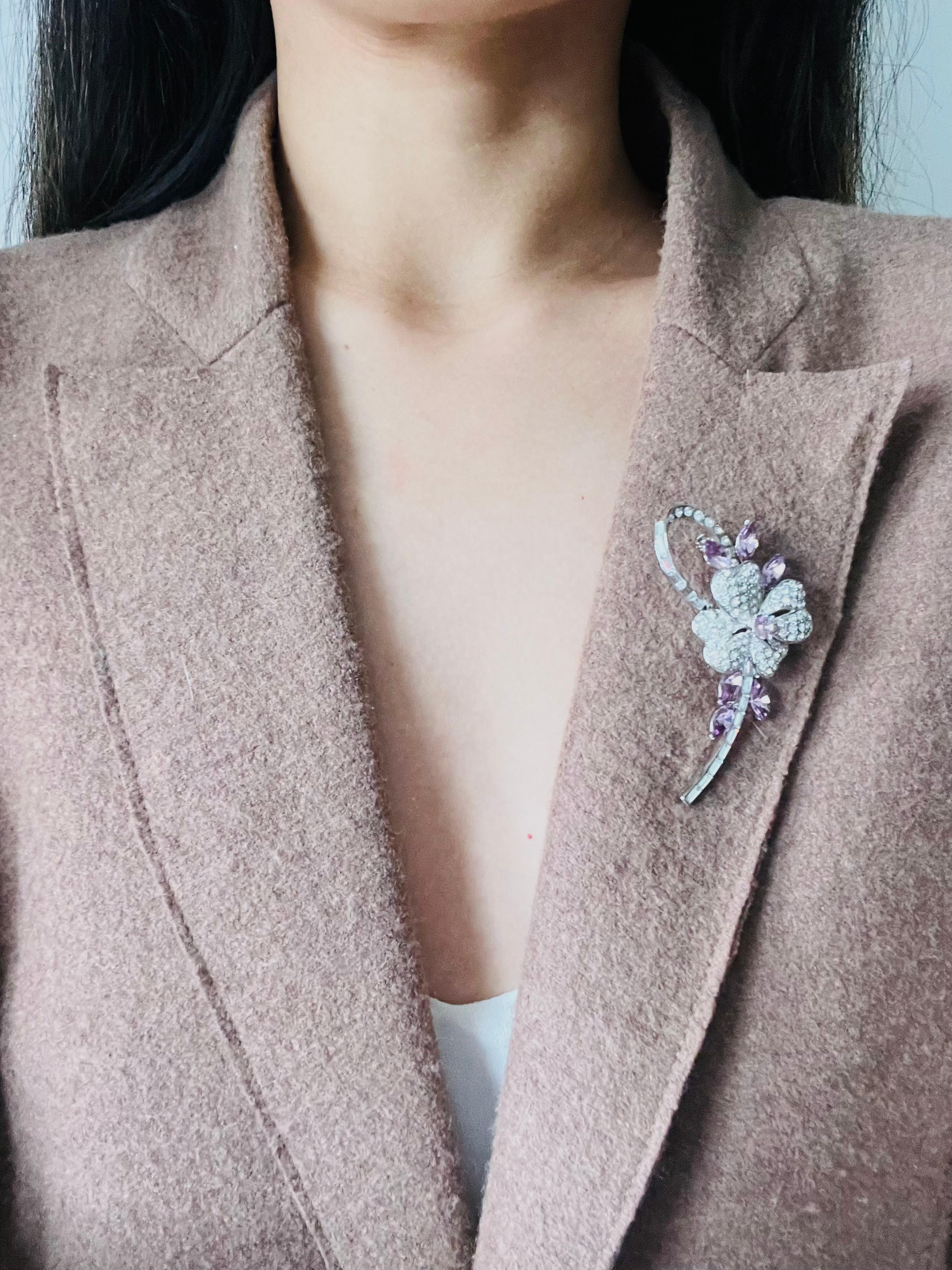 Plum Blossom Flower Pink Leaf Swirl Stem Whole Sparkling Crystals Silver Brooch For Sale 2