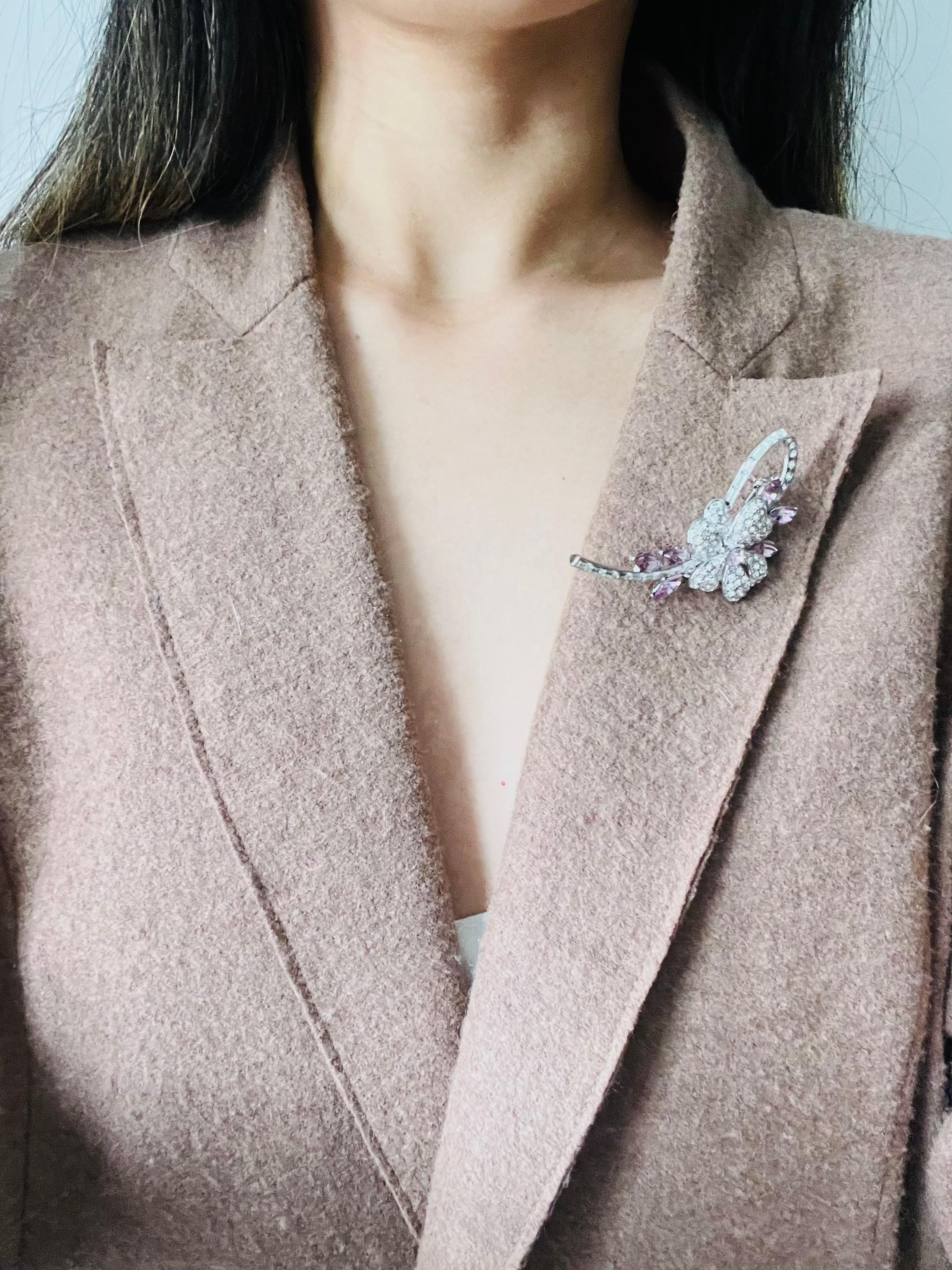 Plum Blossom Flower Pink Leaf Swirl Stem Whole Sparkling Crystals Silver Brooch 3