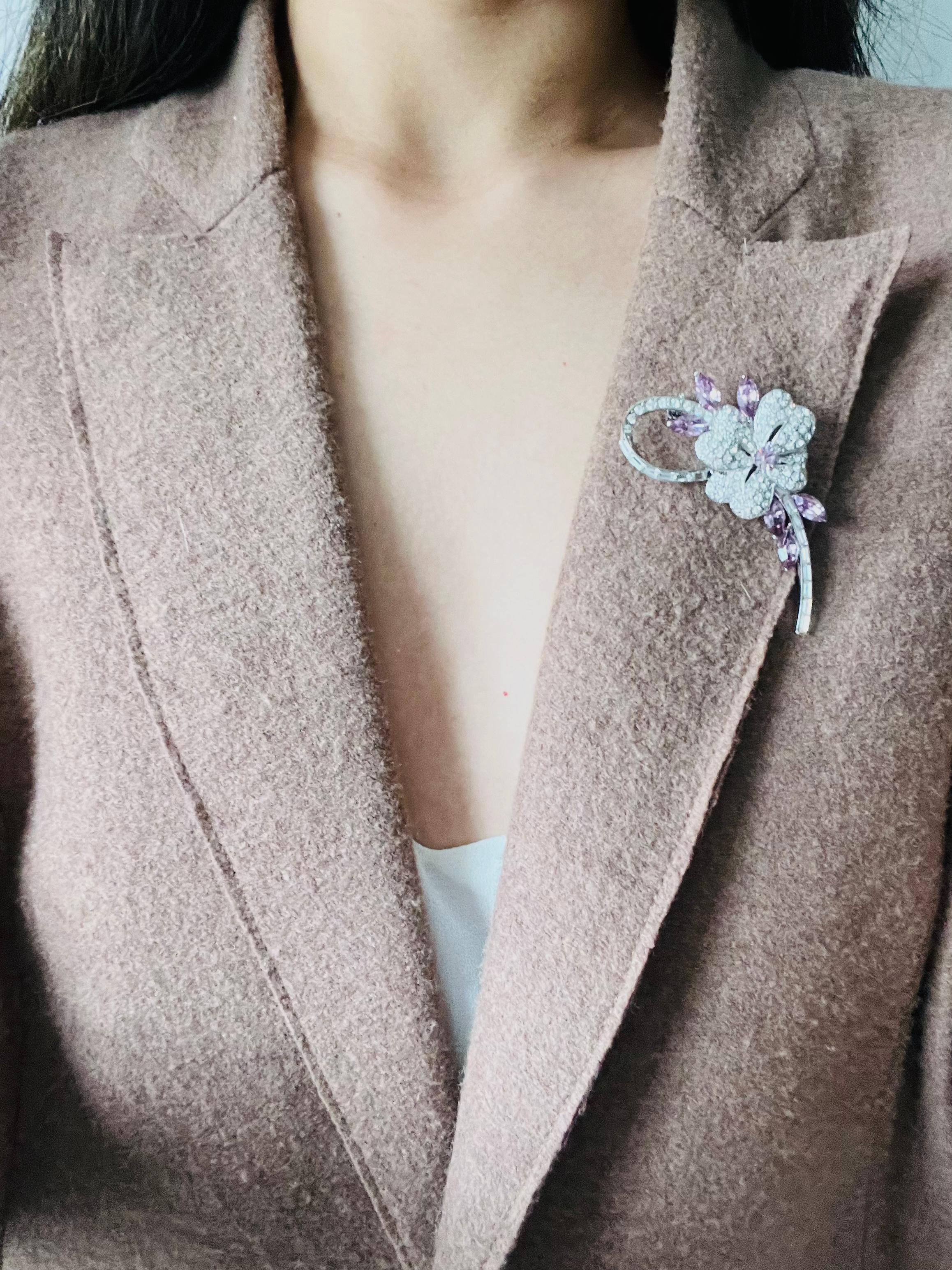 Plum Blossom Flower Pink Leaf Swirl Stem Whole Sparkling Crystals Silver Brooch For Sale 3