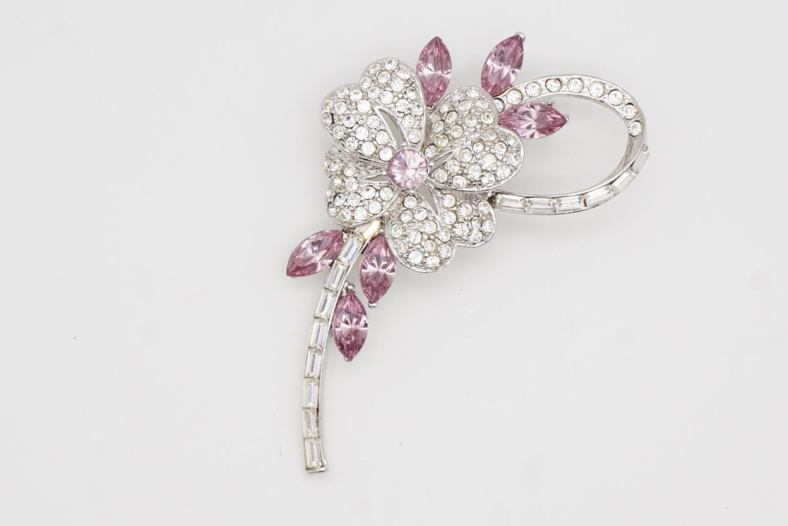Plum Blossom Flower Pink Leaf Swirl Stem Whole Sparkling Crystals Silver Brooch 4