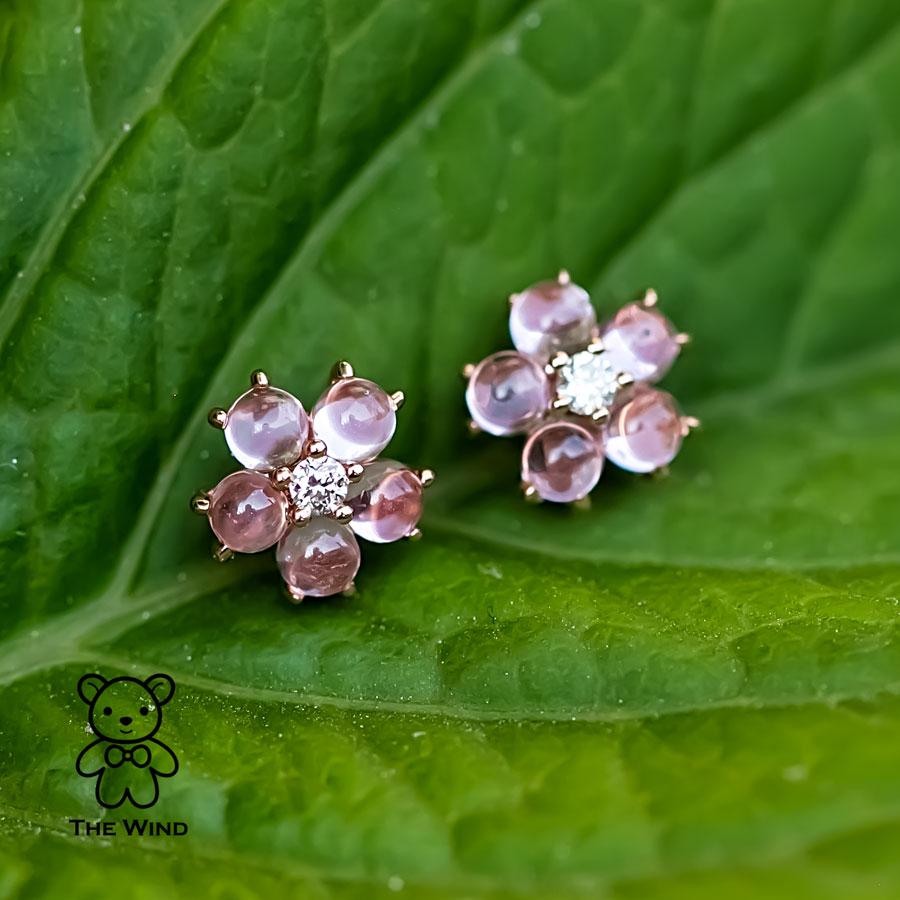 Arts and Crafts Plum Blossom Sakura Flower Pink Sapphire Diamond Stud Earrings 18k Rose Gold For Sale