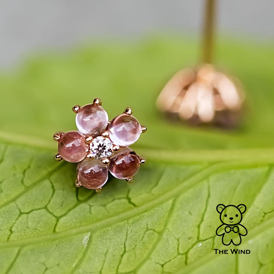 Brilliant Cut Plum Blossom Sakura Flower Pink Sapphire Diamond Stud Earrings 18k Rose Gold For Sale