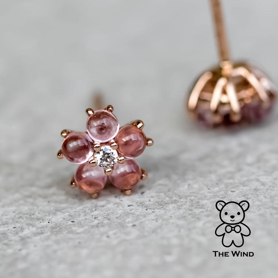 Plum Blossom Sakura Flower Pink Sapphire Diamond Stud Earrings 18k Rose Gold In New Condition For Sale In Suwanee, GA