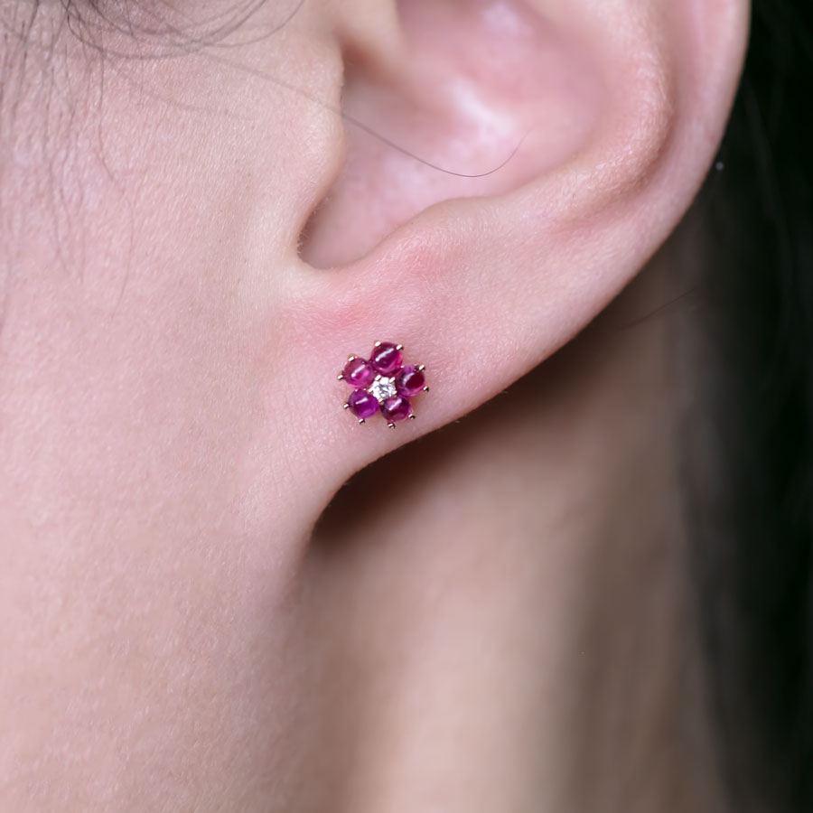 Arts and Crafts Plum Blossom Sakura Flower Ruby Diamond Stud Earrings 18k Rose Gold For Sale