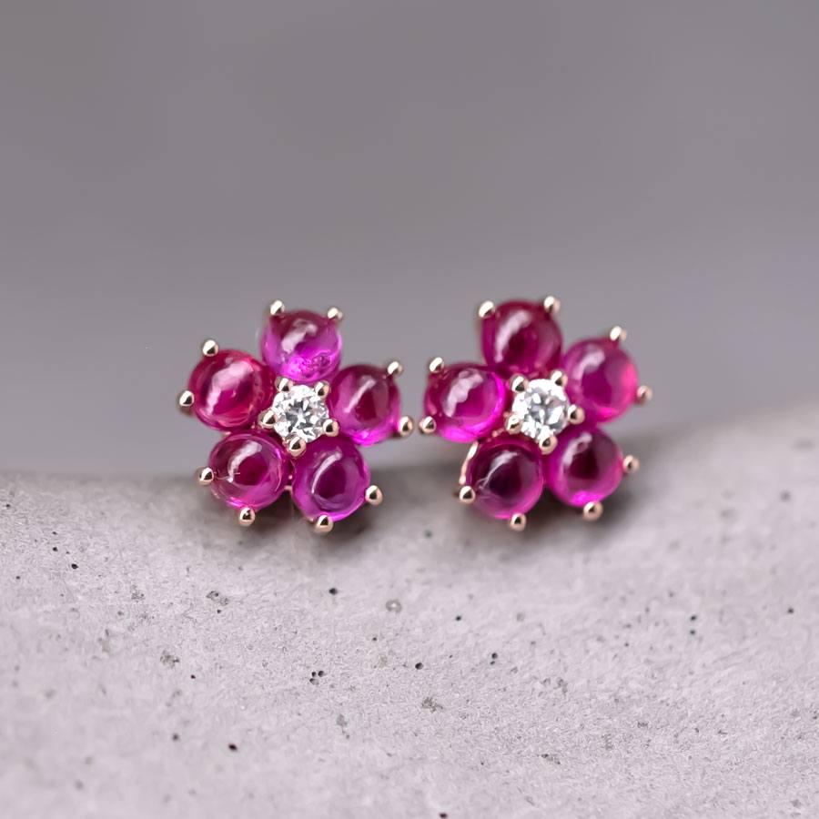 Brilliant Cut Plum Blossom Sakura Flower Ruby Diamond Stud Earrings 18k Rose Gold For Sale