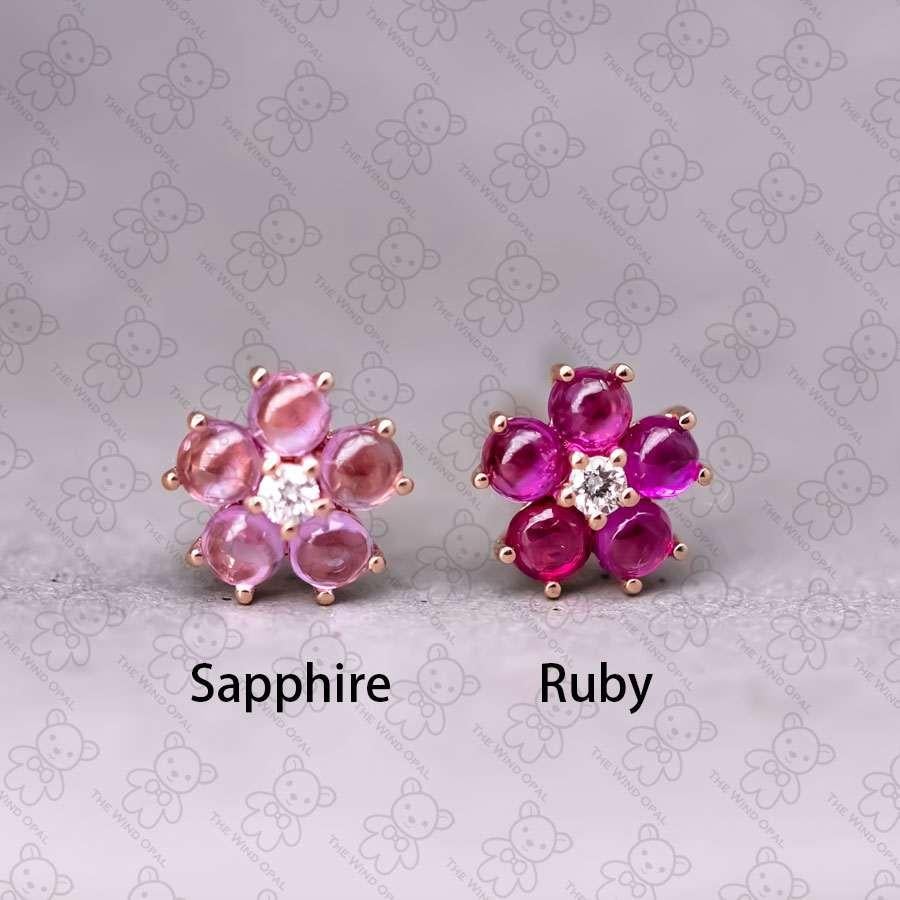 Plum Blossom Sakura Flower Ruby Diamond Stud Earrings 18k Rose Gold In New Condition For Sale In Suwanee, GA