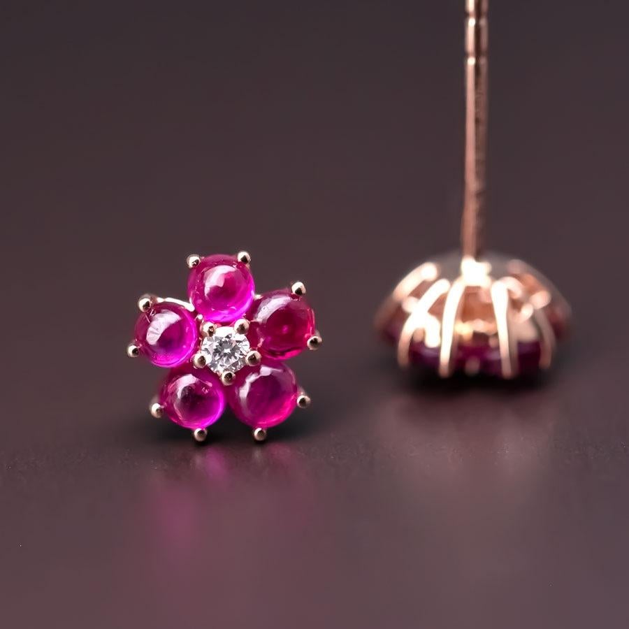 Women's or Men's Plum Blossom Sakura Flower Ruby Diamond Stud Earrings 18k Rose Gold For Sale