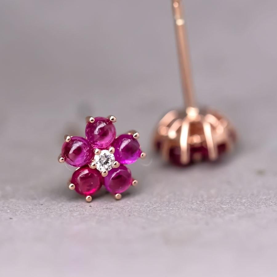 Plum Blossom Sakura Flower Ruby Diamond Stud Earrings 18k Rose Gold For Sale 1