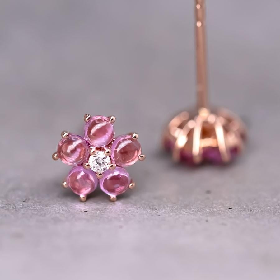 Plum Blossom Sakura Flower Ruby Diamond Stud Earrings 18k Rose Gold For Sale 2
