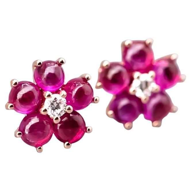 Plum Blossom Sakura Flower Ruby Diamond Stud Earrings 18k Rose Gold For Sale