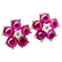 Plum Blossom Sakura Flower Ruby Diamond Stud Earrings 18k Rose Gold