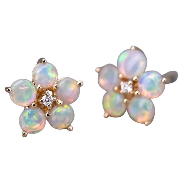 Plum Blossom Sakura Solid Opal Diamond Stud Earrings 14k Yellow Gold