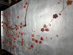 Plum Blossom Wallpaper Hand Painted Wallpaper on Silver Metallic with Antiques