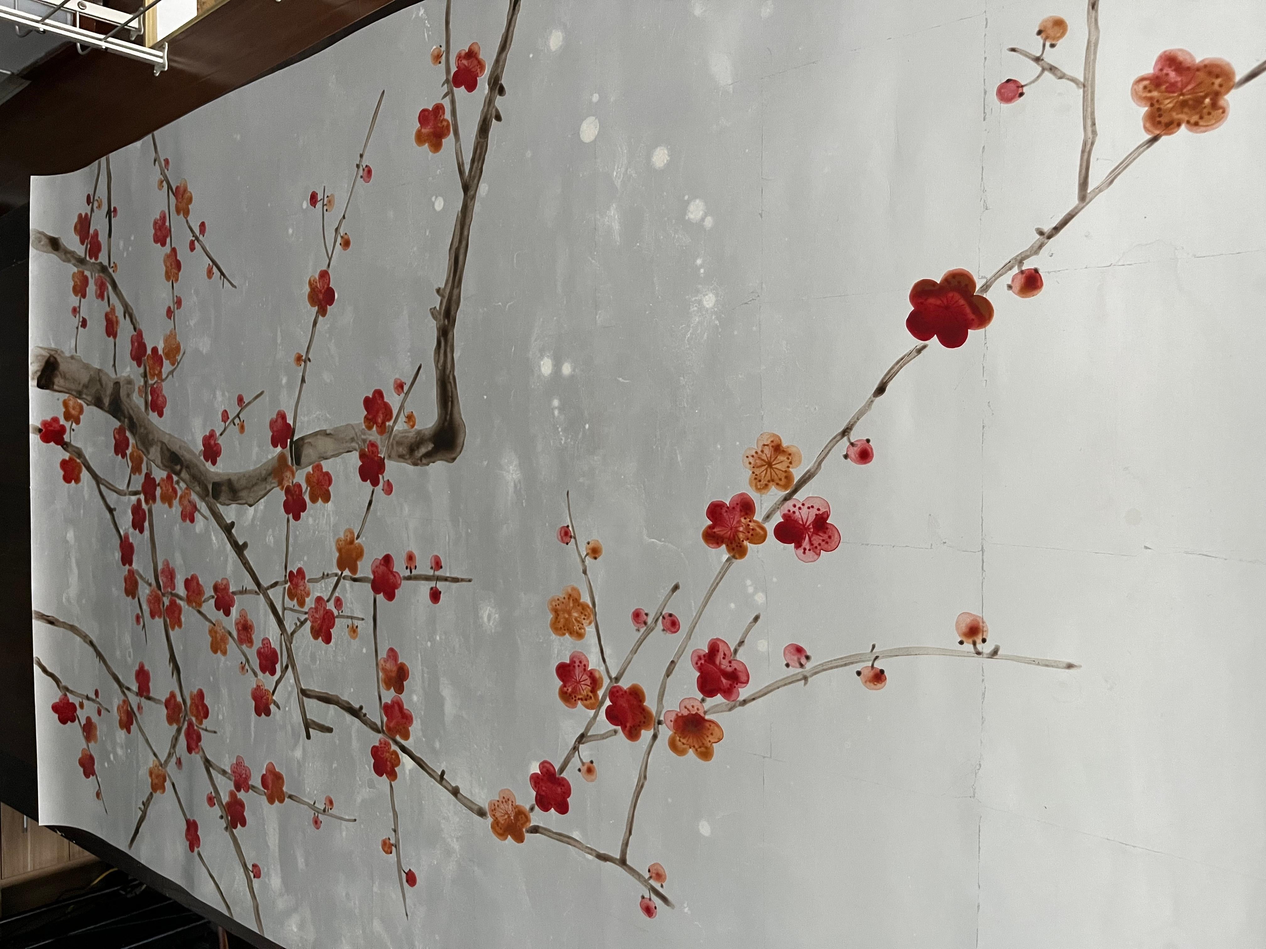 plum blossom hand painted wallpaper on silver