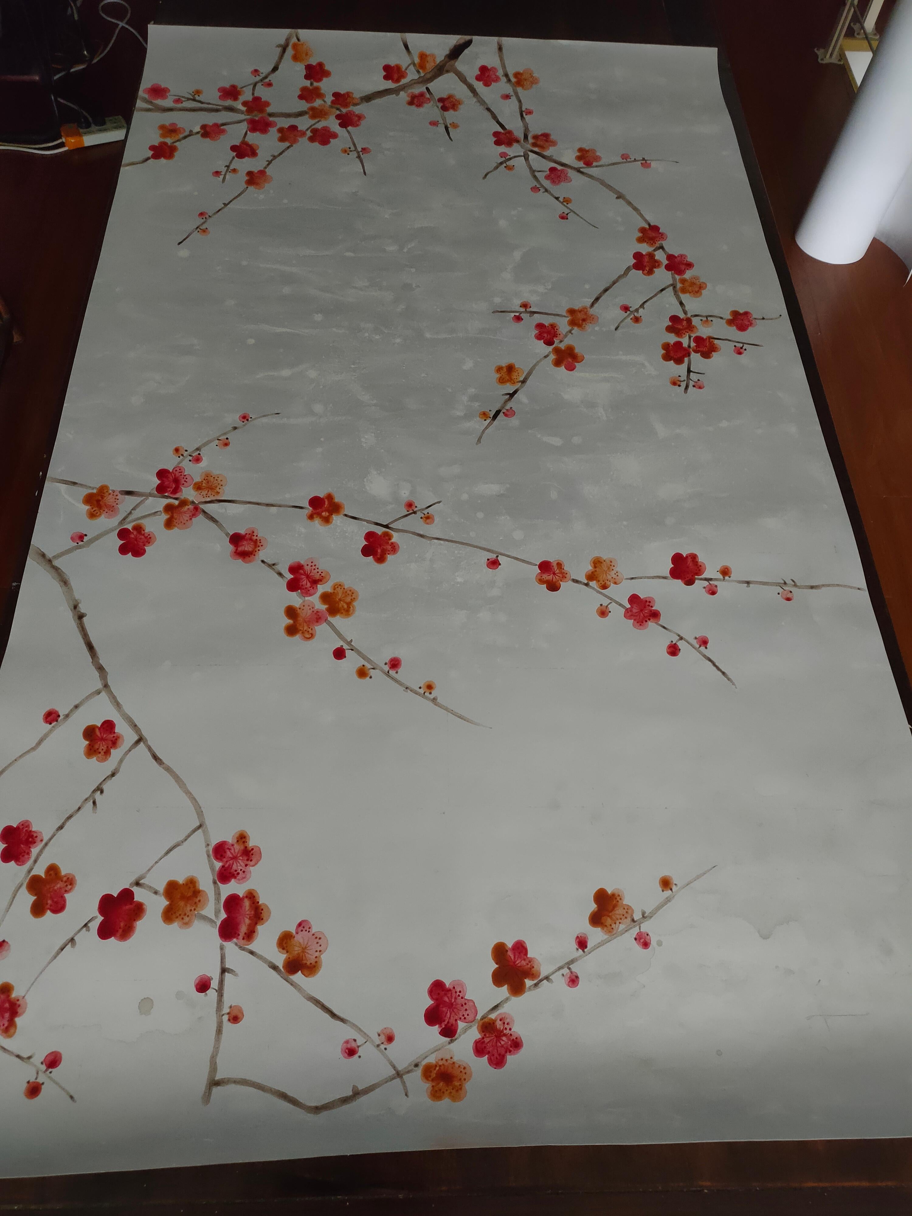Papier peint à la main Plum Blossom sur métal argenté avec antiquités Neuf - En vente à Wuxi, 32