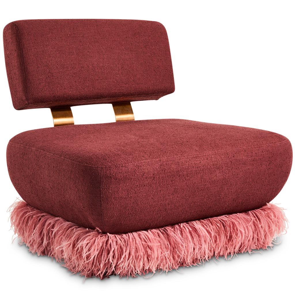 Moderne Fauteuil de salon Plum Boucle en acier bronzé, laiton et plumes d'autruche, en mousse d'autruche en vente