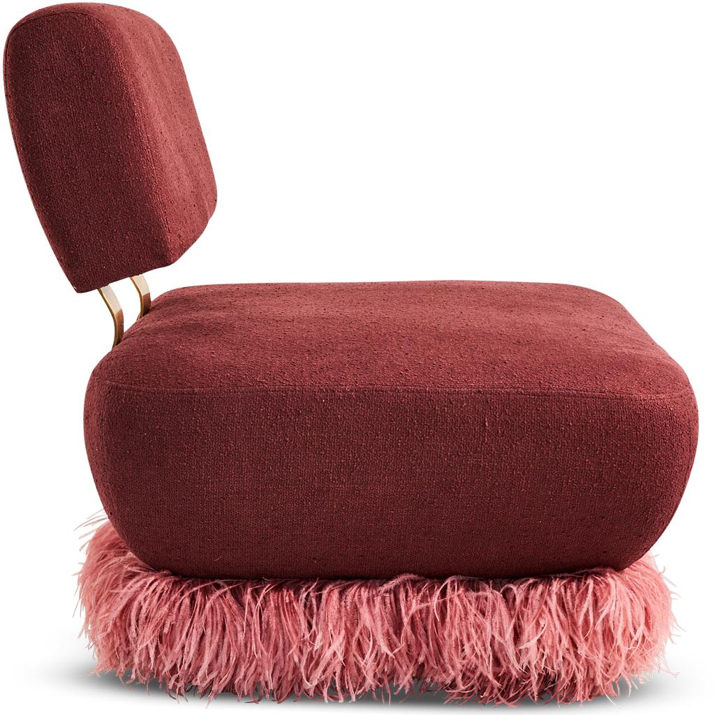 Sud-africain Fauteuil de salon Plum Boucle en acier bronzé, laiton et plumes d'autruche, en mousse d'autruche en vente