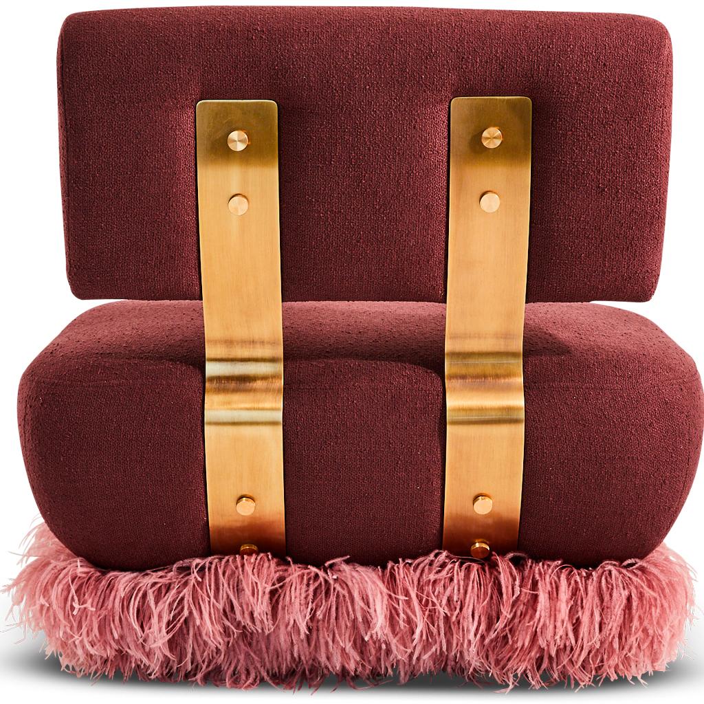 South African Plum Boucle', Bronzed Steel, Brass & Ostrich Feather, Ostrich Fluff Lounge Chair For Sale