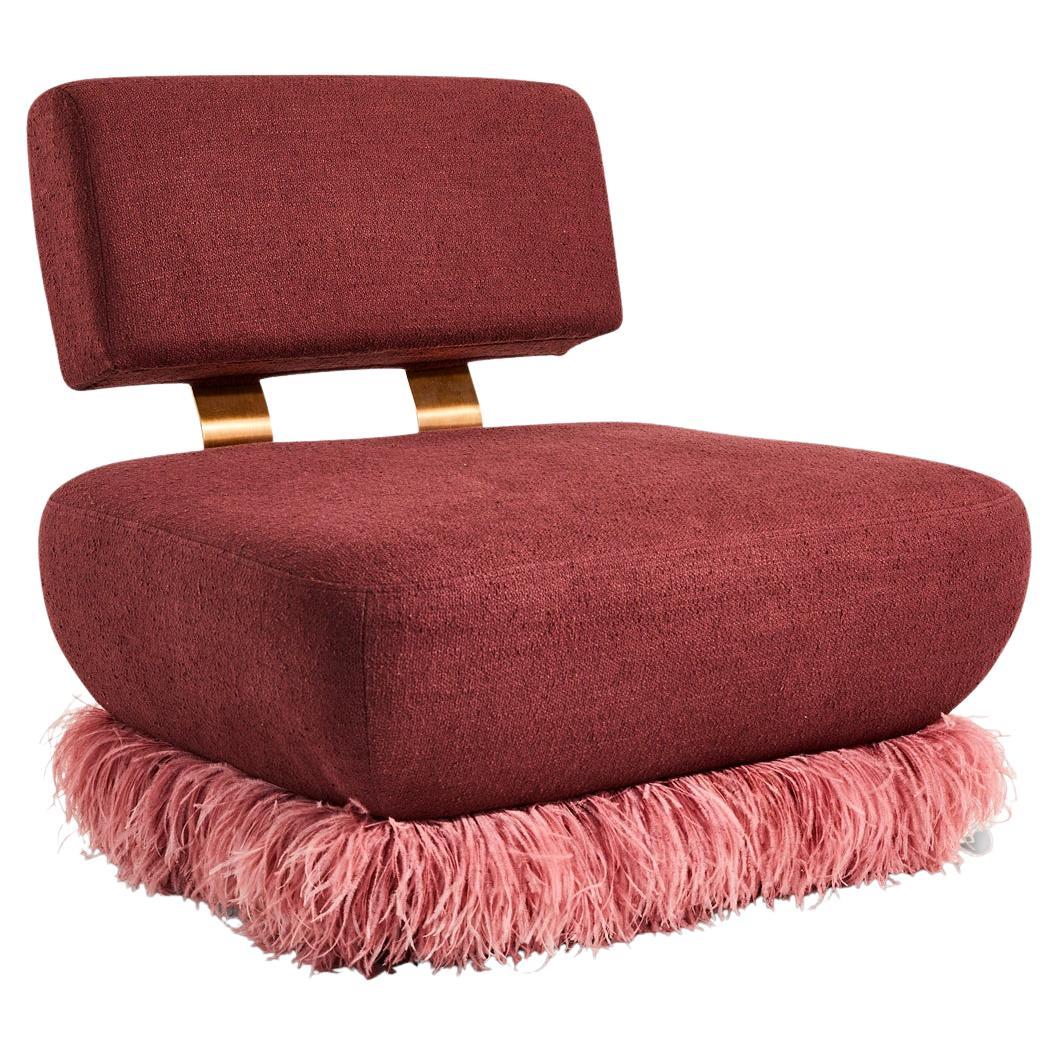 Plum Boucle', Bronzed Steel, Brass & Ostrich Feather, Ostrich Fluff Lounge Chair For Sale