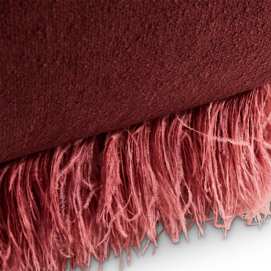 Modern Plum Boucle' With Pink Genuine Ostrich Feather Trimmed, Ostrich Fluff Ottoman For Sale