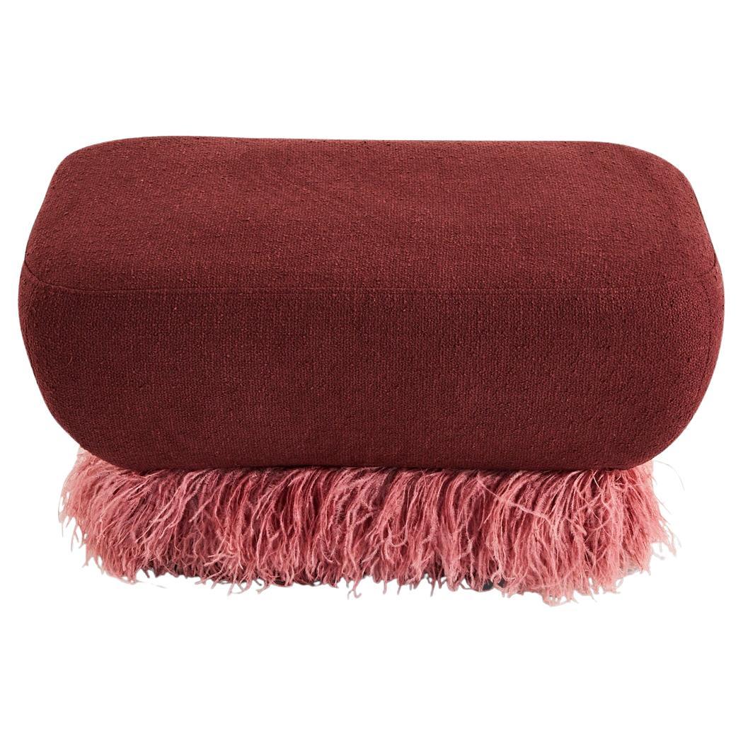 Plum Boucle' With Pink Genuine Ostrich Feather Trimmed, Ostrich Fluff Ottoman For Sale