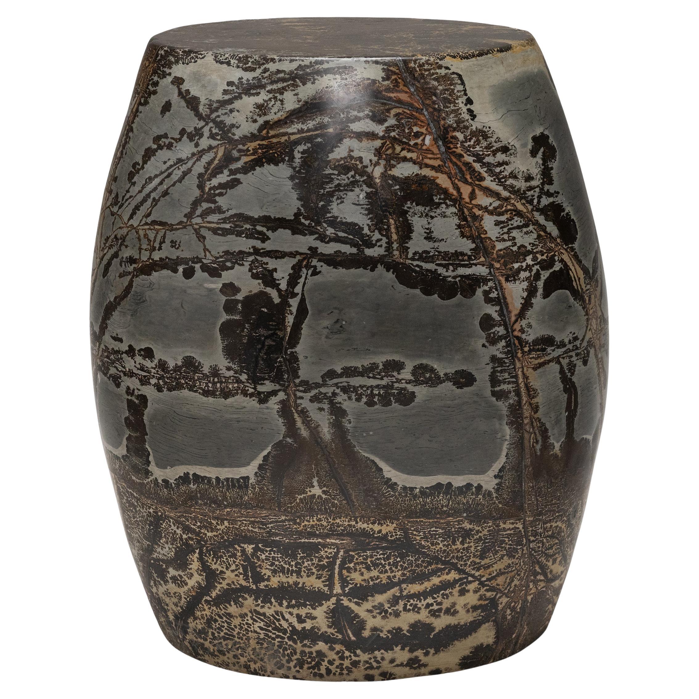 "Plum Branches" Painting Stone Drum Table For Sale