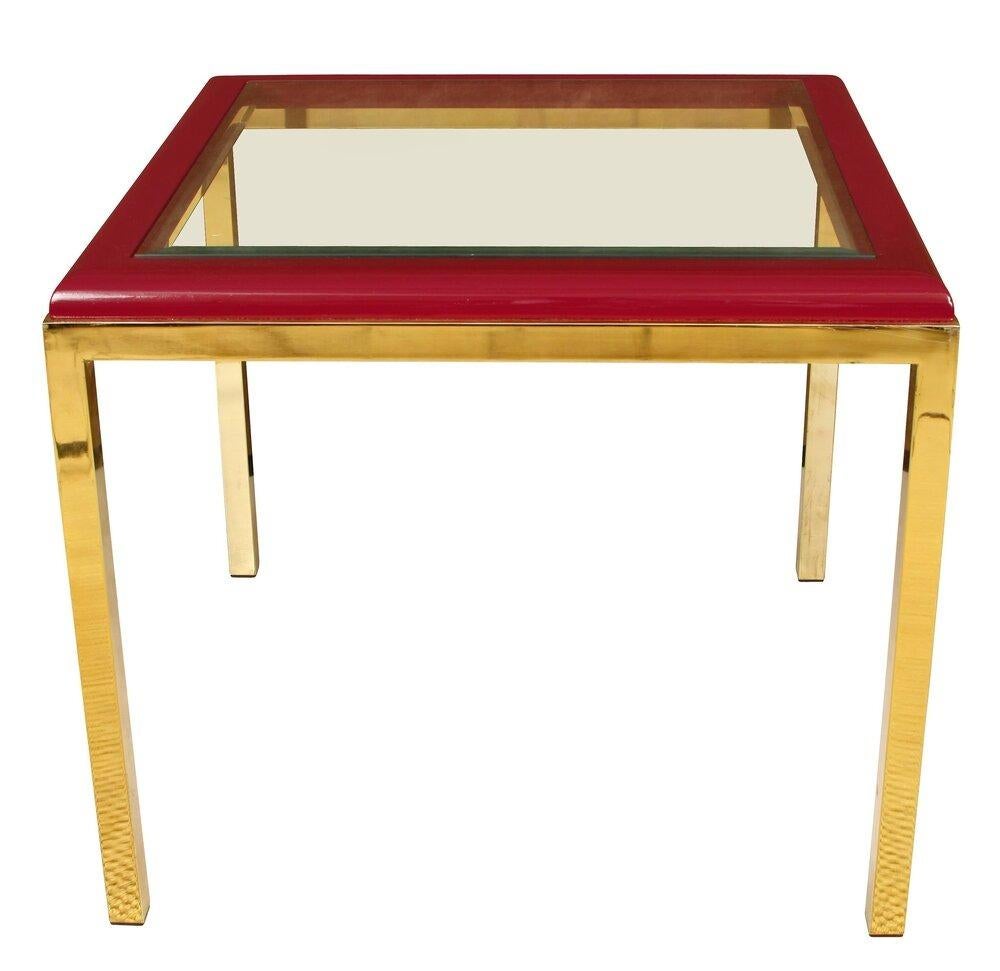 Plum Leather, Brass and Glass Mid-Century  Side Table In Good Condition For Sale In Locust Valley, NY