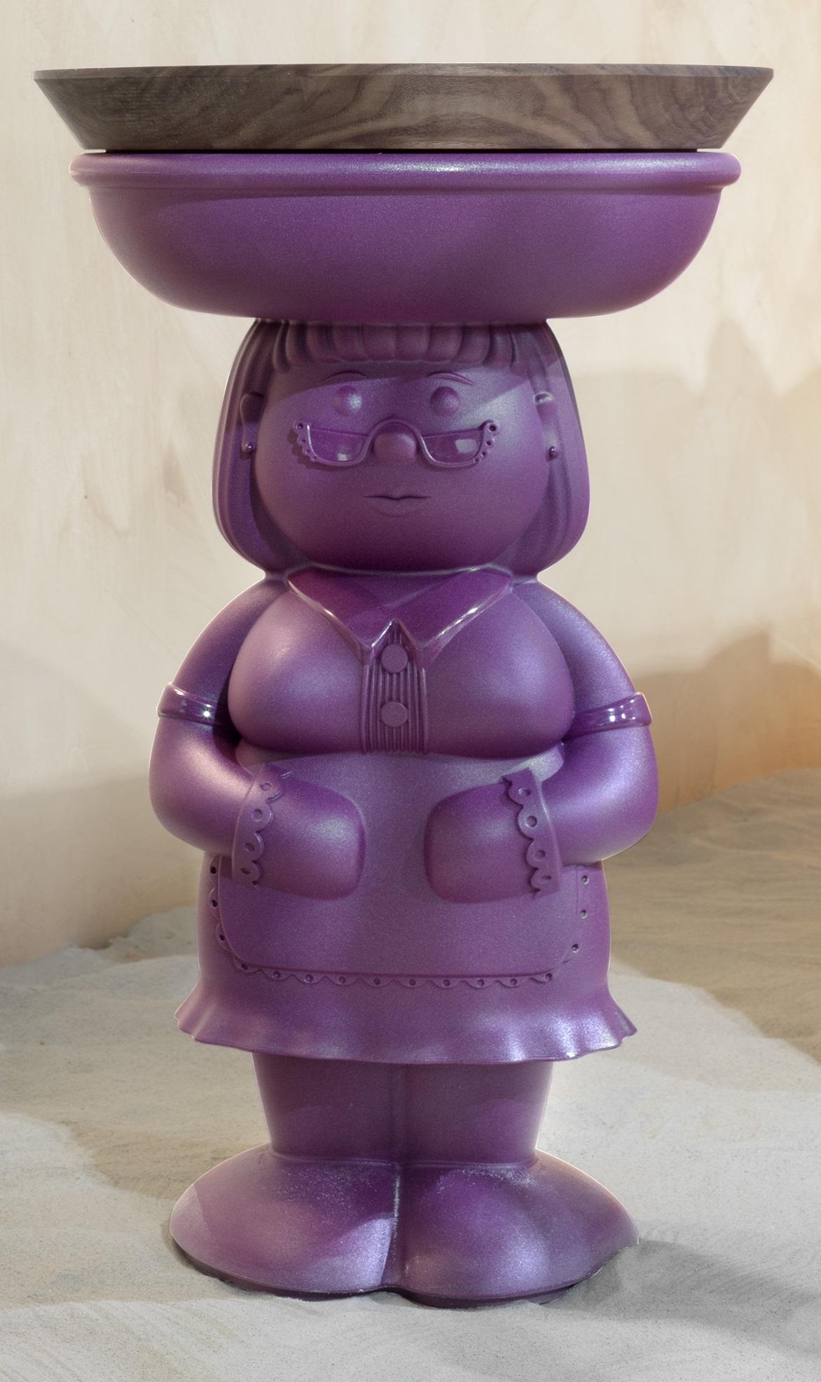 Plum Purple Amanda Side Table With Wooden Tray by Favaretto&Partners
Dimensions: Table: D 36 x W 36 x H 60 cm.
Wood Tray: D 40 x W 40 x H 4,5 cm.
Materials: Polyethylene and wood.
Weight: 5 kg.

A removable wood tray is included. Available in a