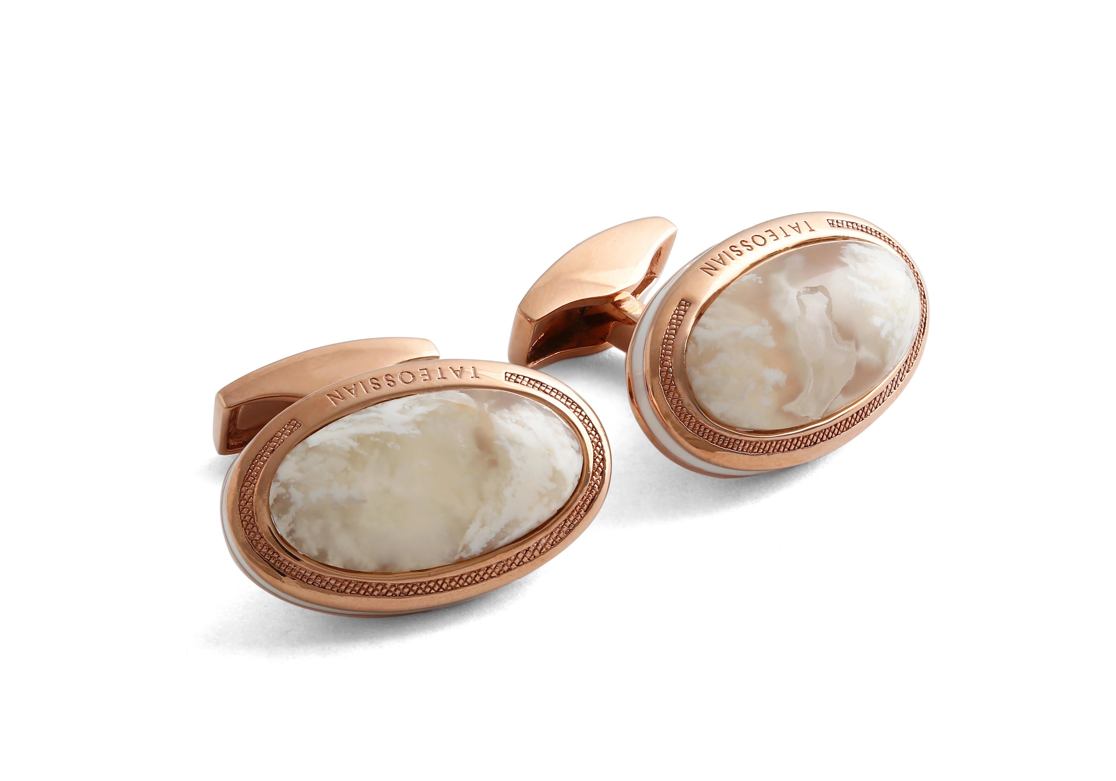 Discover the ultimate gift with our lavish rose gold oval cufflinks featuring Plume Agate from central Oregon and elegant translucent patterns. Plume Agates are generally clear or milky with flower-like patterns floating in them and are expertly