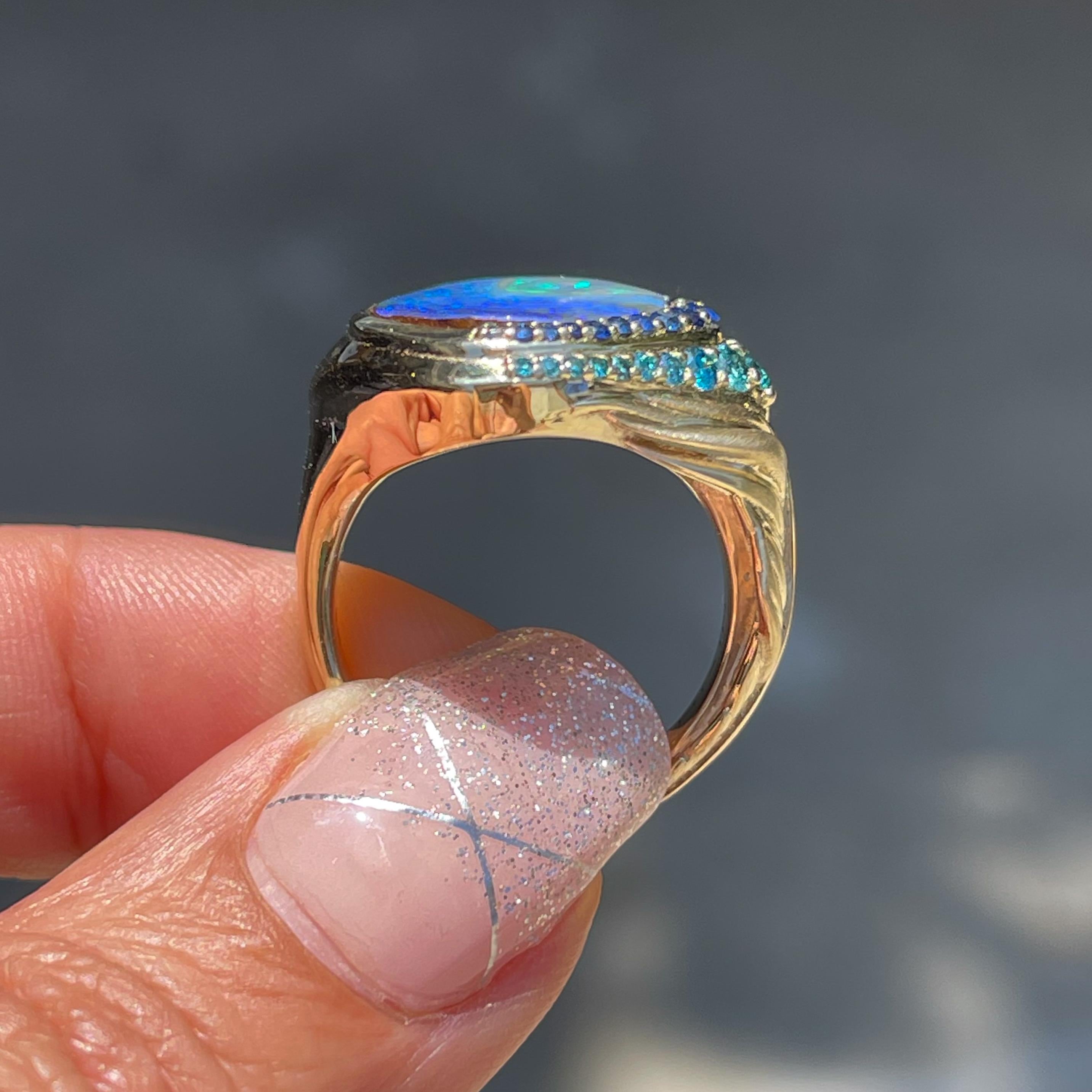Plume Australian Opal Ring in Gold with Sapphires and Diamonds by NIXIN Jewelry For Sale 5