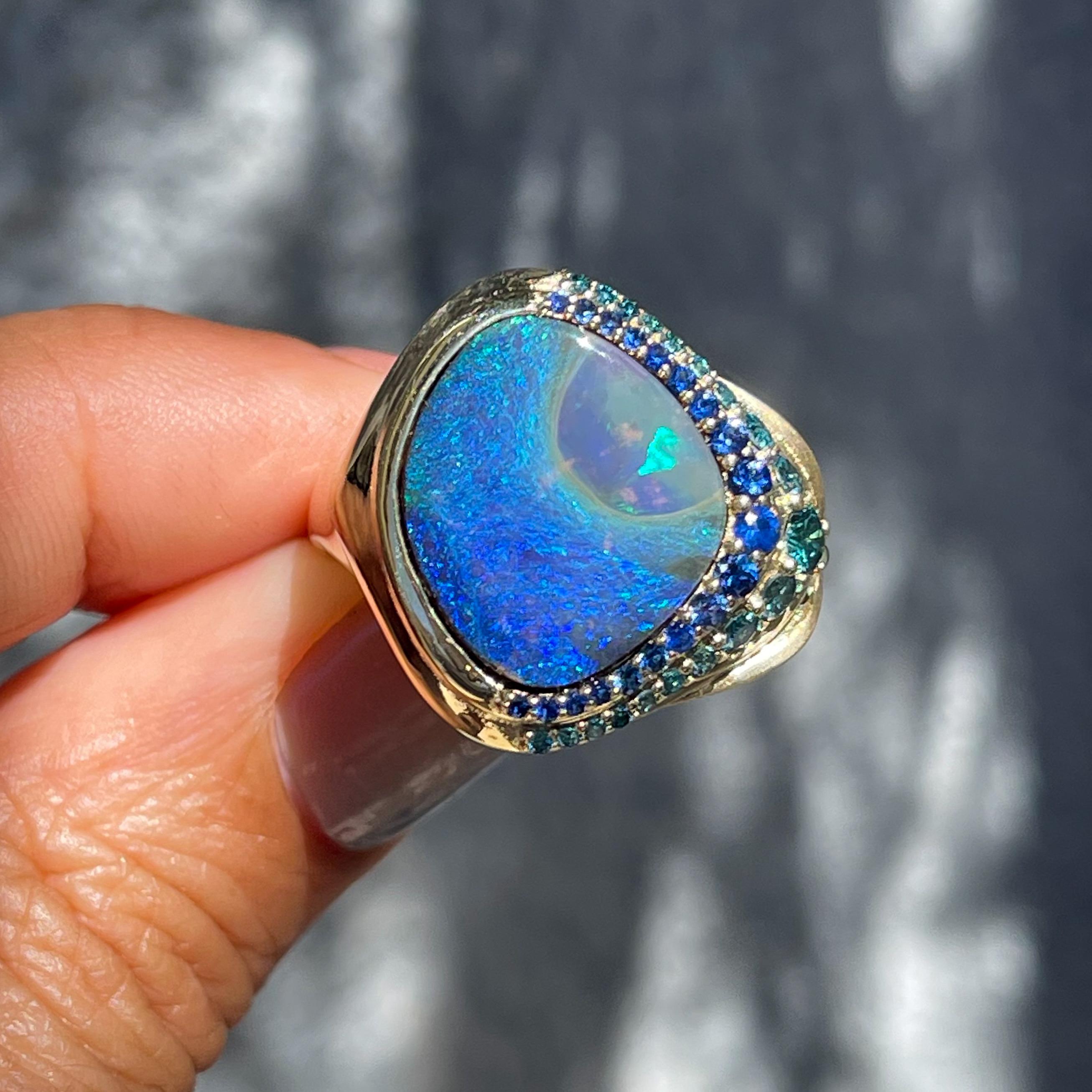 Modern Plume Australian Opal Ring in Gold with Sapphires and Diamonds by NIXIN Jewelry For Sale