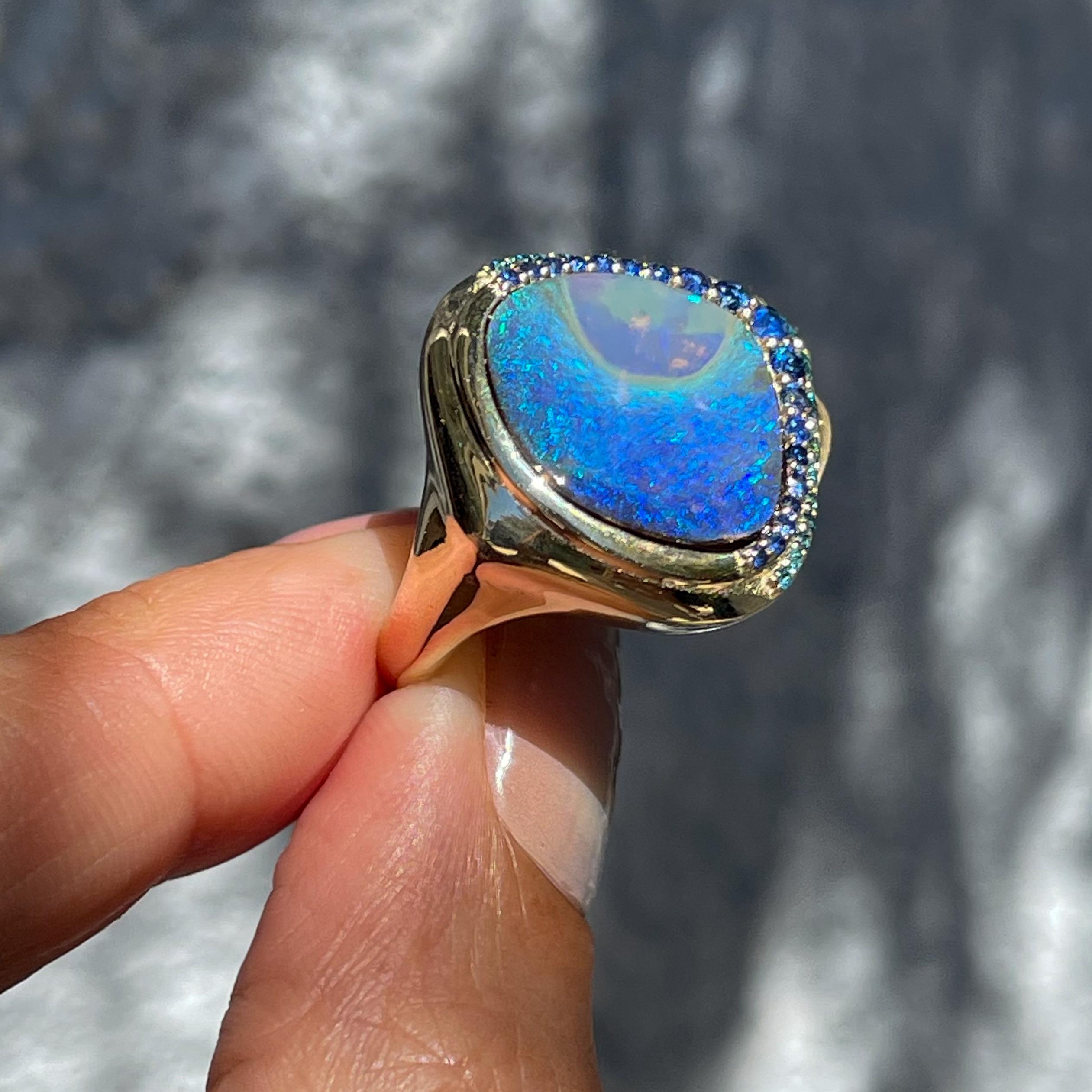 Brilliant Cut Plume Australian Opal Ring in Gold with Sapphires and Diamonds by NIXIN Jewelry For Sale