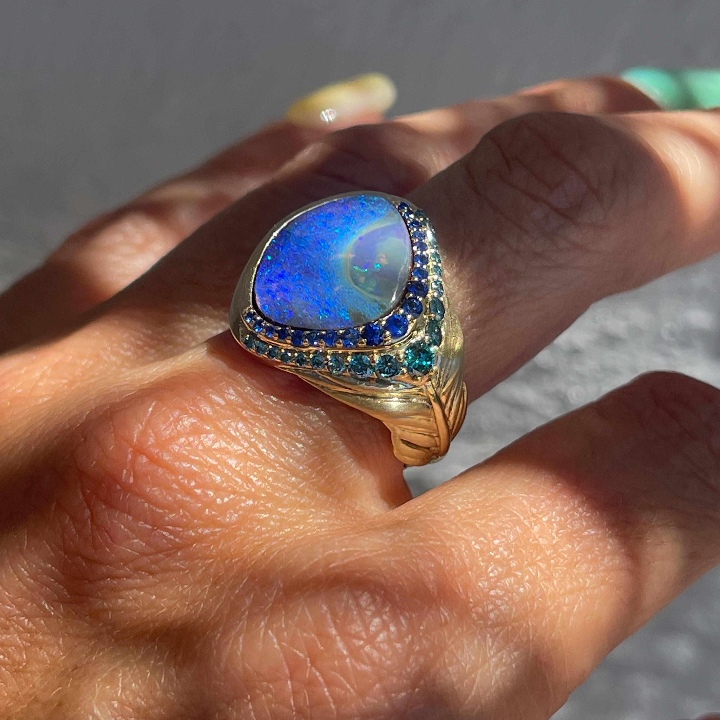 Plume Australian Opal Ring in Gold with Sapphires and Diamonds by NIXIN Jewelry In New Condition For Sale In Los Angeles, CA
