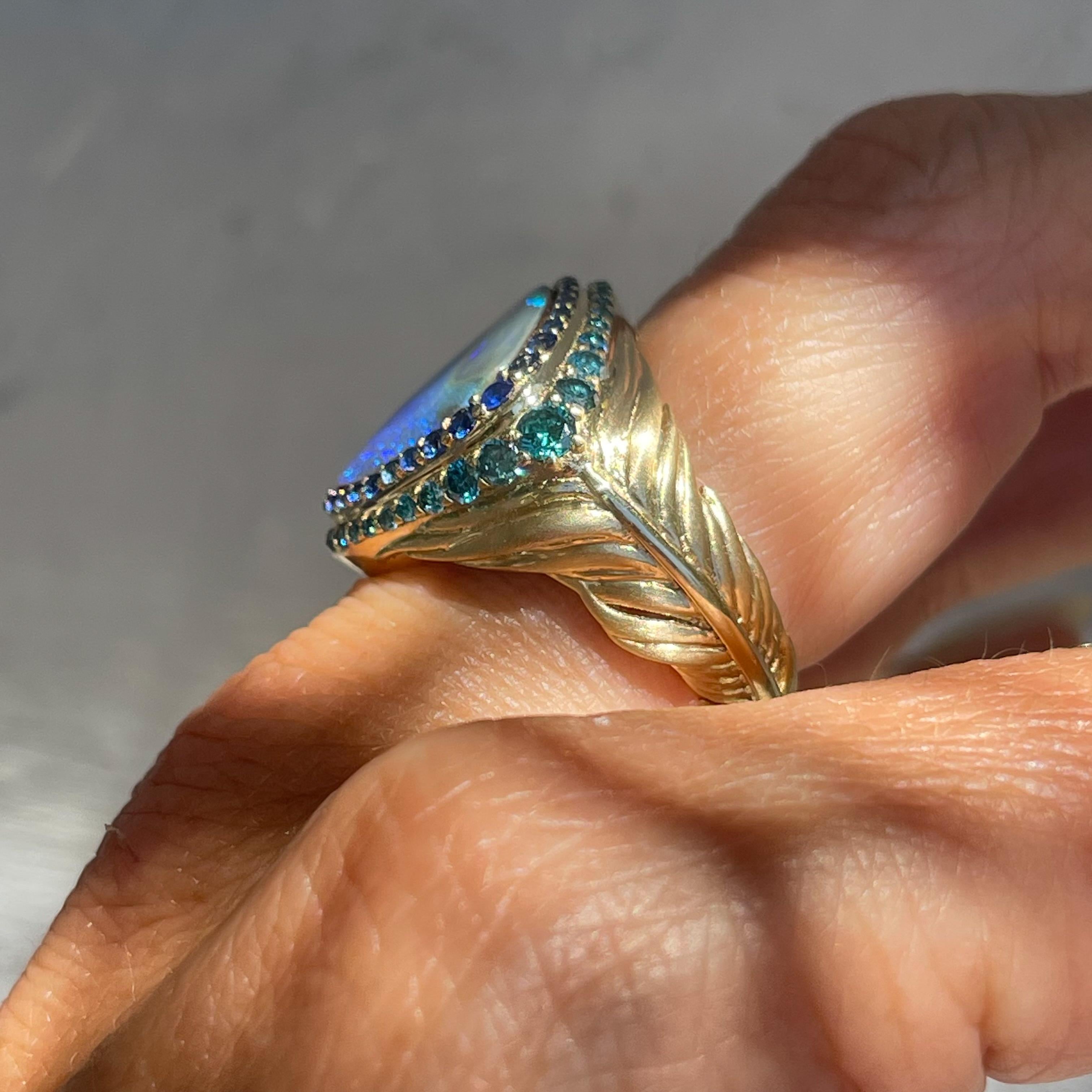 Women's Plume Australian Opal Ring in Gold with Sapphires and Diamonds by NIXIN Jewelry For Sale