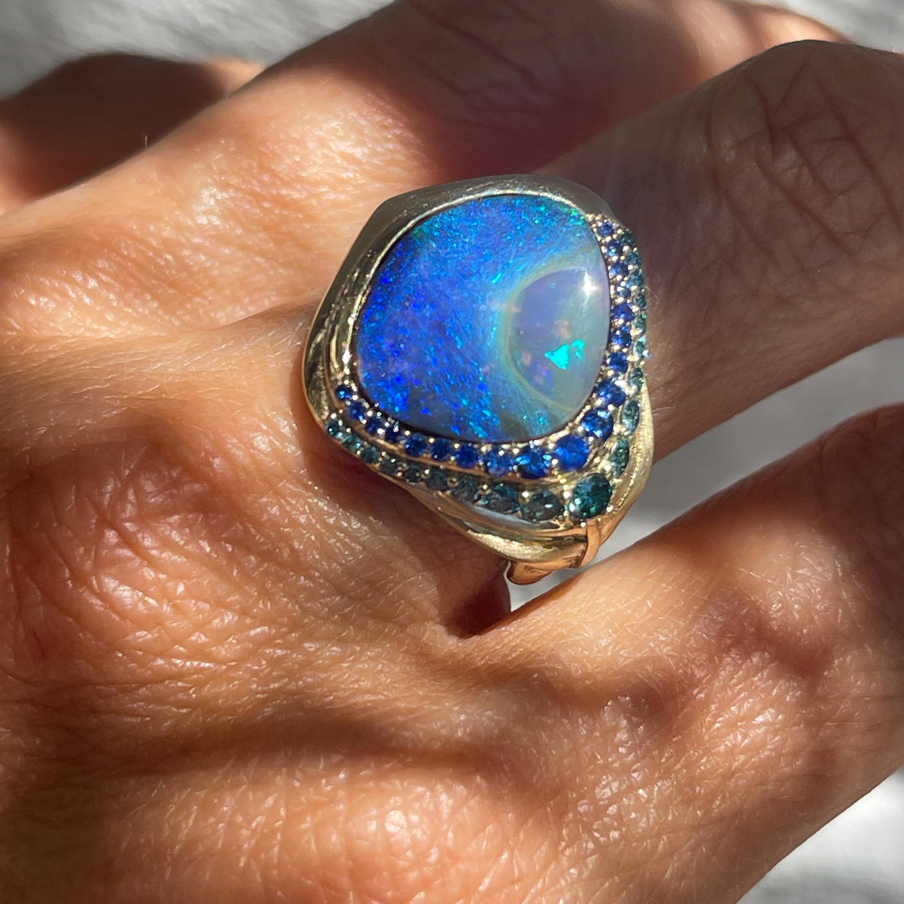 Plume Australian Opal Ring in Gold with Sapphires and Diamonds by NIXIN Jewelry For Sale 1
