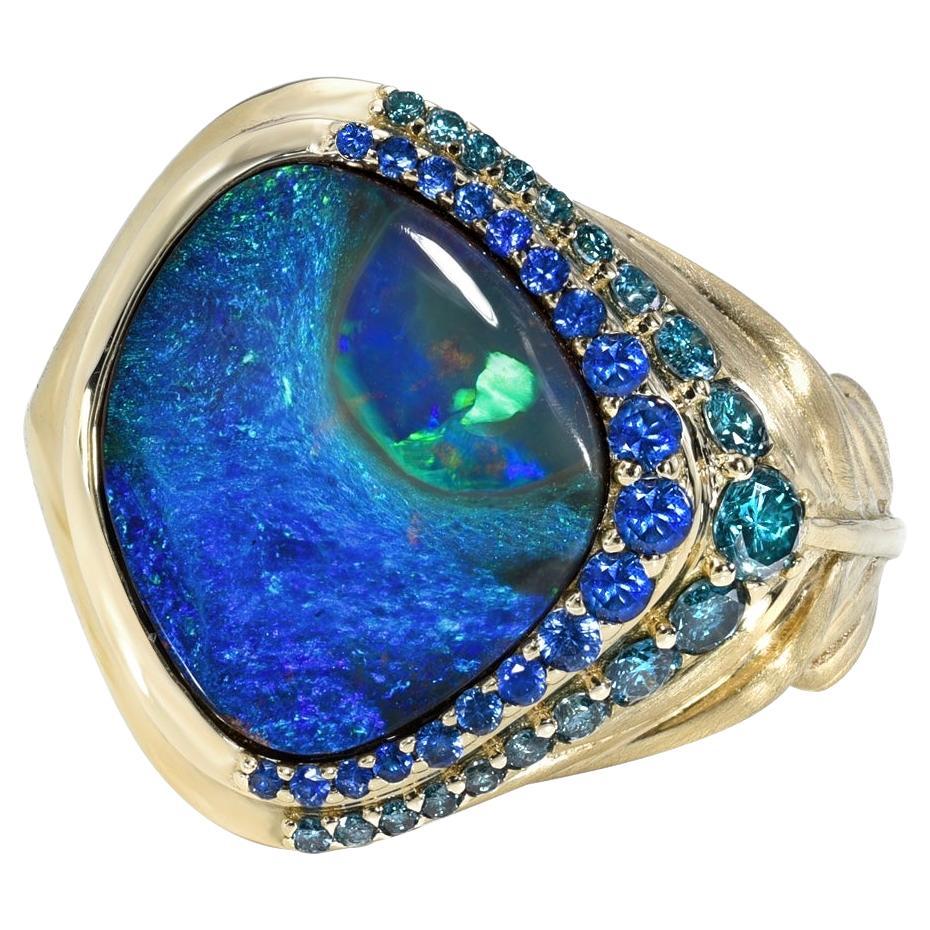 Plume Australian Opal Ring in Gold with Sapphires and Diamonds by NIXIN Jewelry For Sale