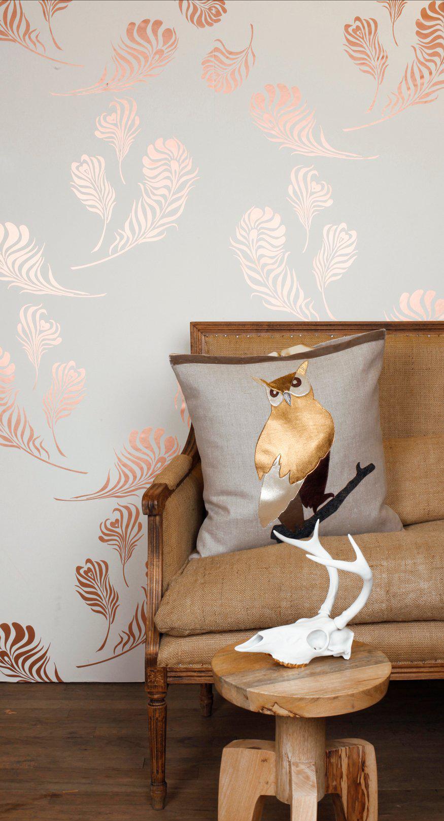 Modern Plume Screen Printed Wallpaper in Metallic Copper on Snow For Sale