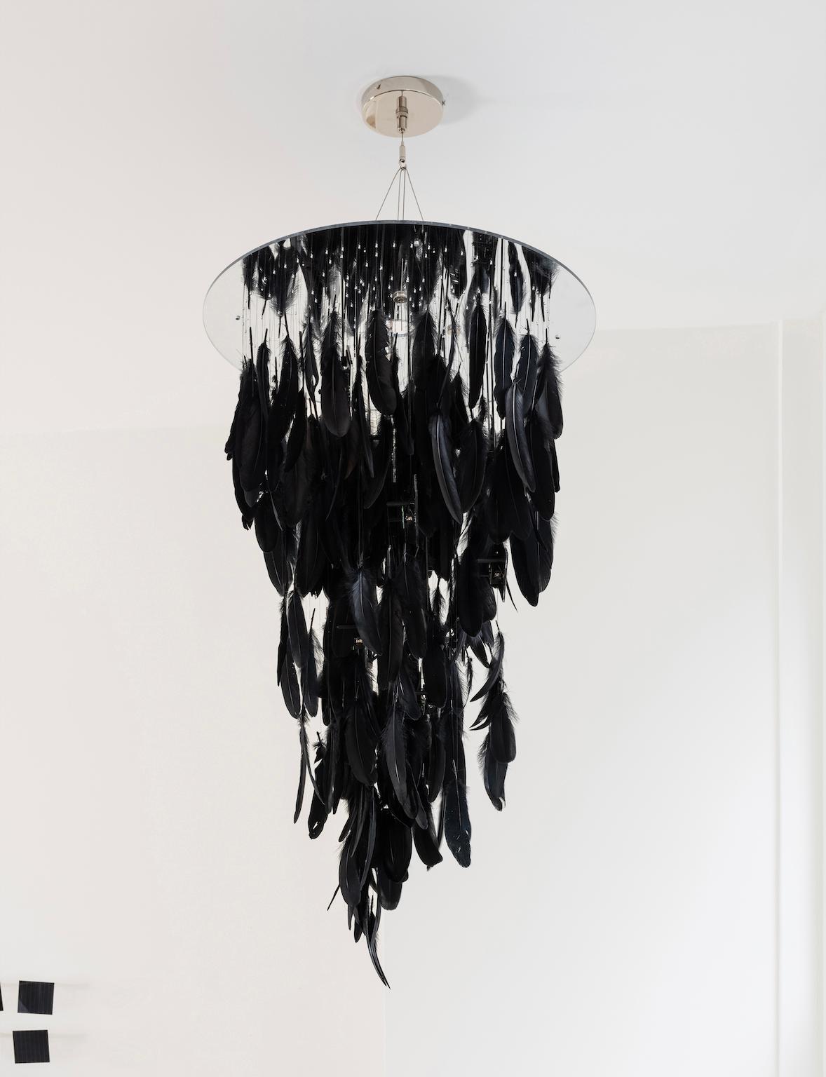 Plume Solar chandelier, a customizable solar-powered lighting installation for the off-the-grid living room, comprises photovoltaic modules that power LED bulbs to illuminate feathers to provide ambient lighting. The piece aims to demystify PV