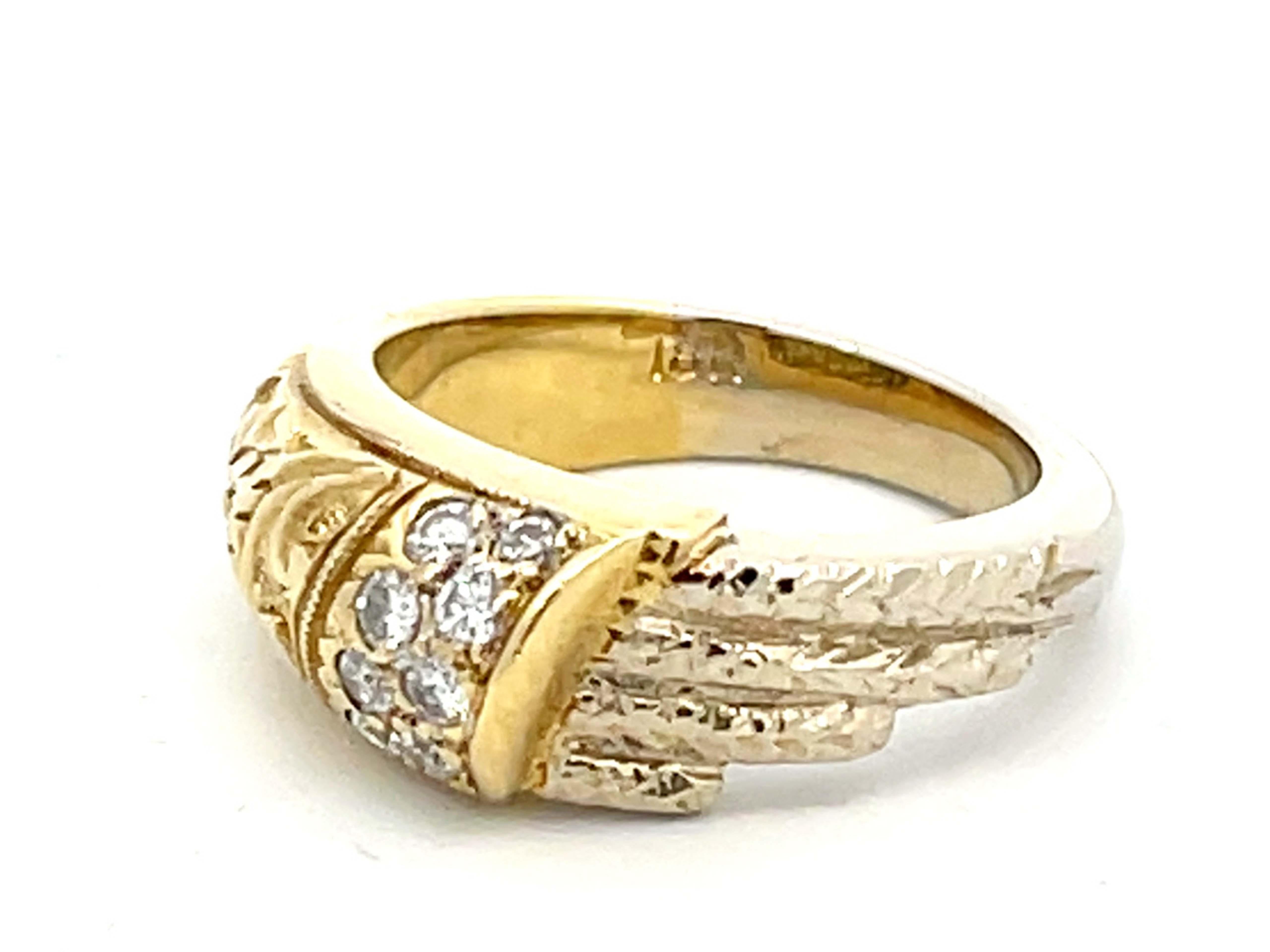 Modern Plumeria Diamond Two Toned Textured Ring in 18k Gold For Sale