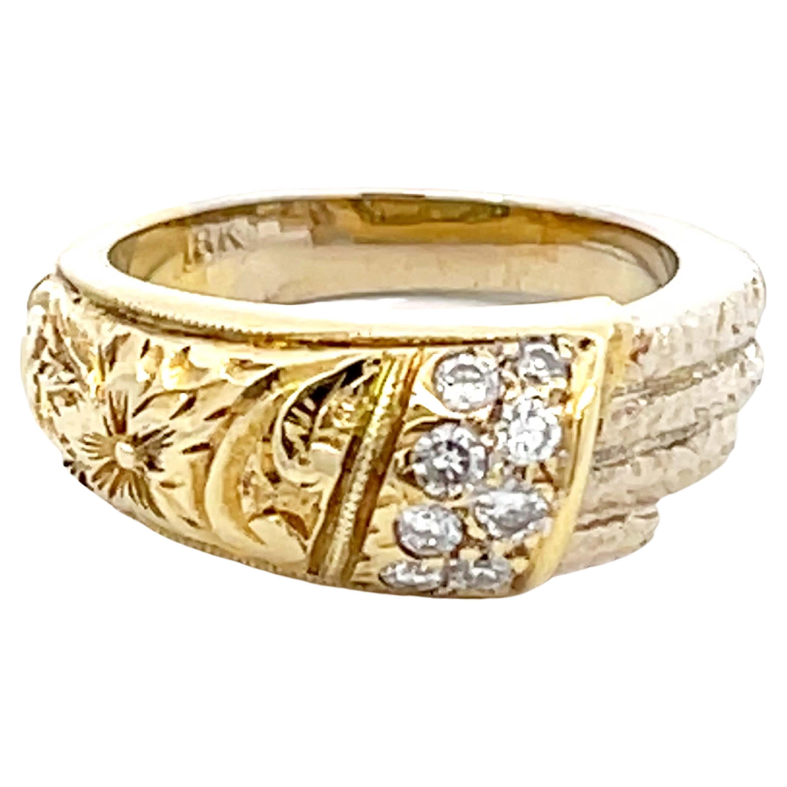 Plumeria Diamond Two Toned Textured Ring in 18k Gold