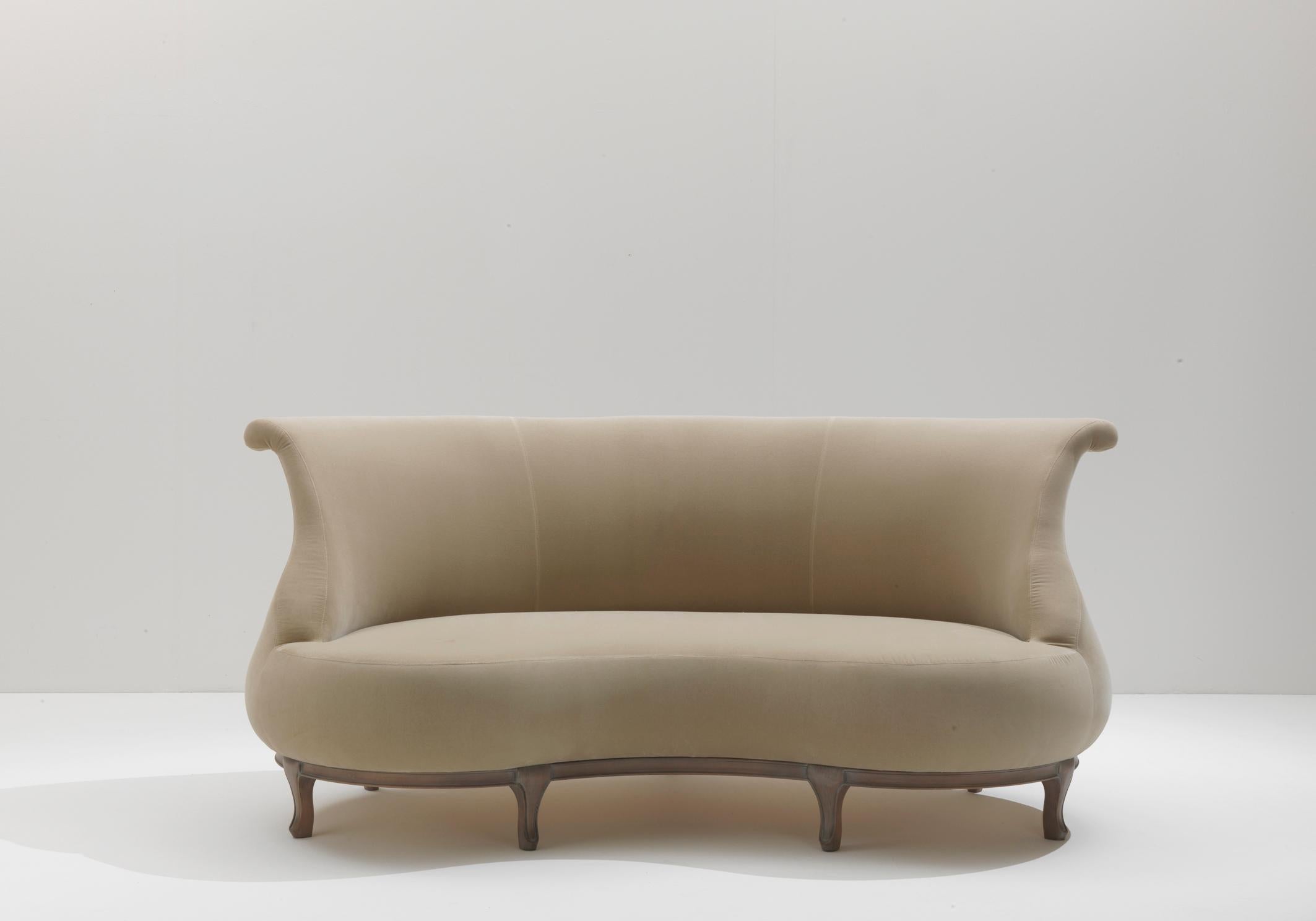 Italian PLUMP Beige Velvet Sofa with Solid Walnut Wooden Frame by Nigel Coates For Sale