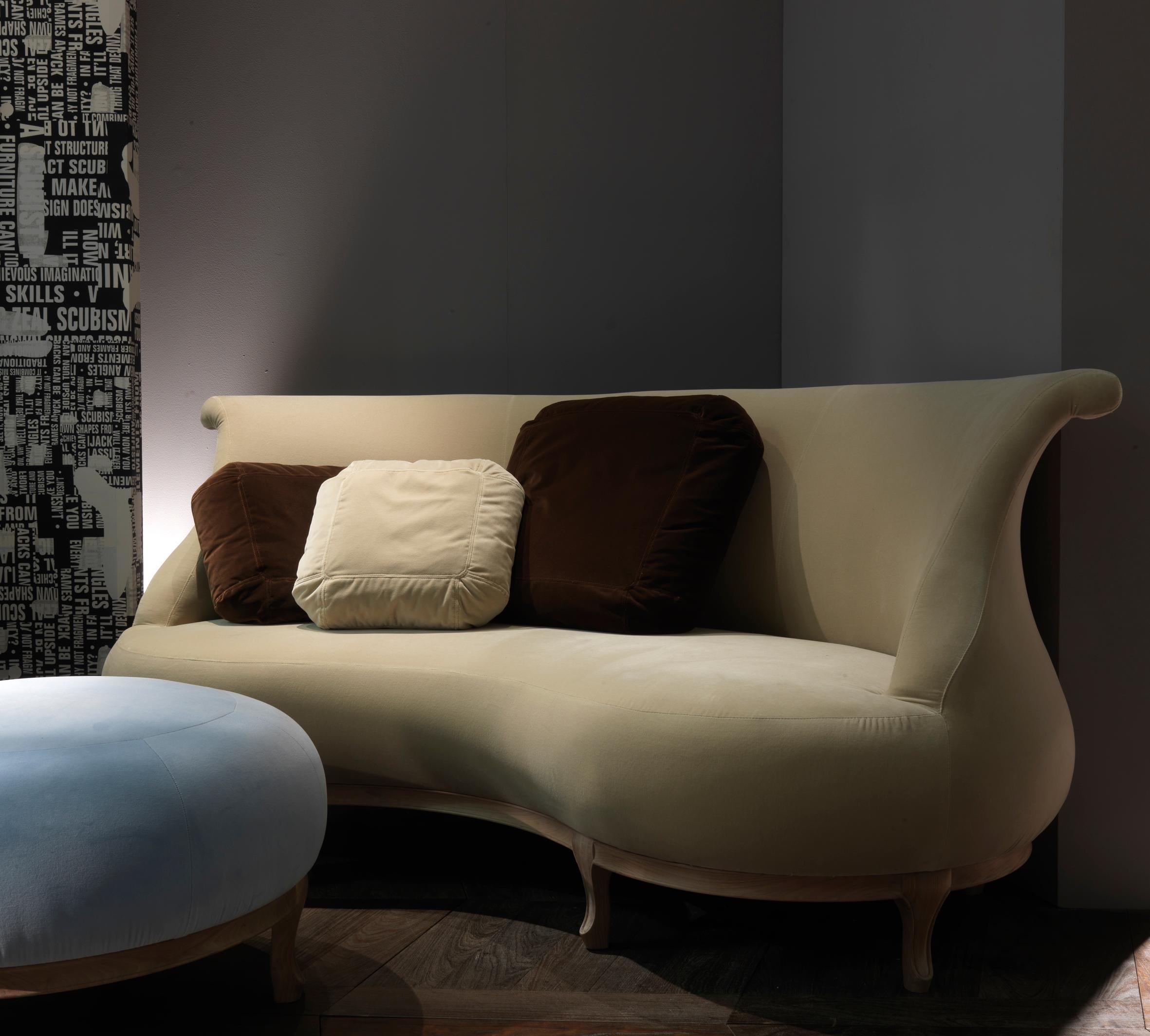 Hand-Carved PLUMP Beige Velvet Sofa with Solid Walnut Wooden Frame by Nigel Coates For Sale
