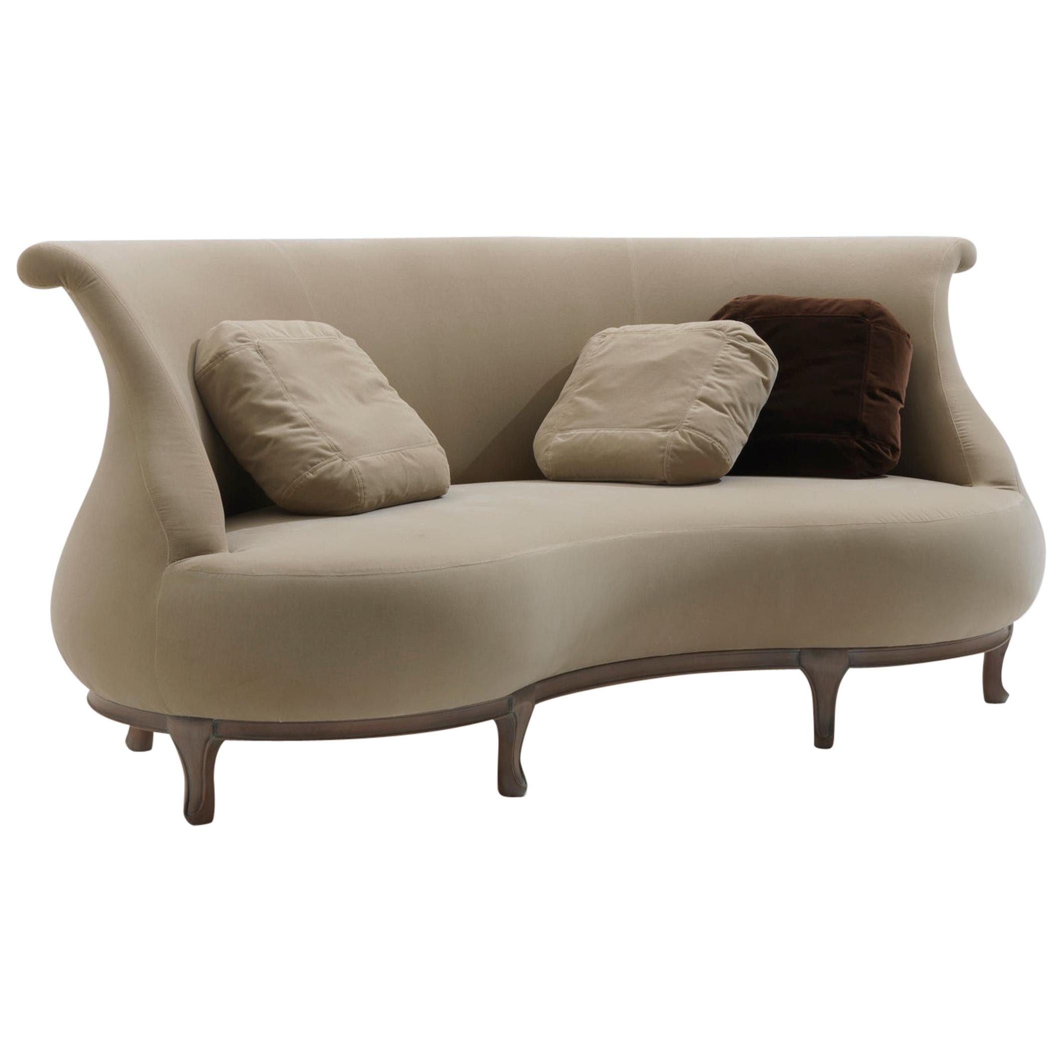 PLUMP Beige Velvet Sofa with Solid Walnut Wooden Frame by Nigel Coates For Sale
