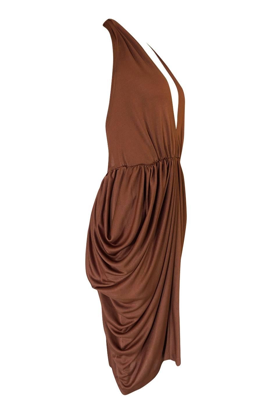 Brown Plunge Front Backless Halter Gathered Sides Jersey Dress, 1970s 