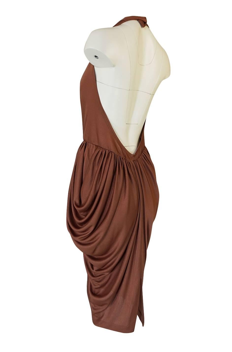 Women's Plunge Front Backless Halter Gathered Sides Jersey Dress, 1970s 