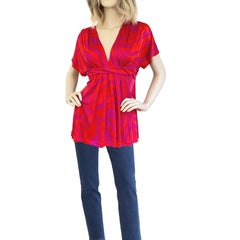 Plunge V Pink Orange Waves Flora Kung Silk Blouse Top NWT