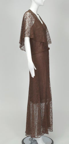 Plunging Brown Lace Hollywood Regency Capelet Gown and Slip - M, 1930s